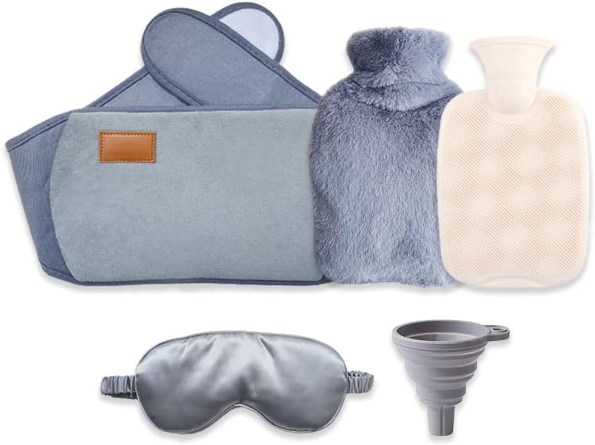 1 Liter Rubber Warmwaterkruik met Fleece Hoes, Inclusief Oogmasker en Trechter voor Pijnverlichting en Warmte voor Lendenen, Voeten en Schouders
