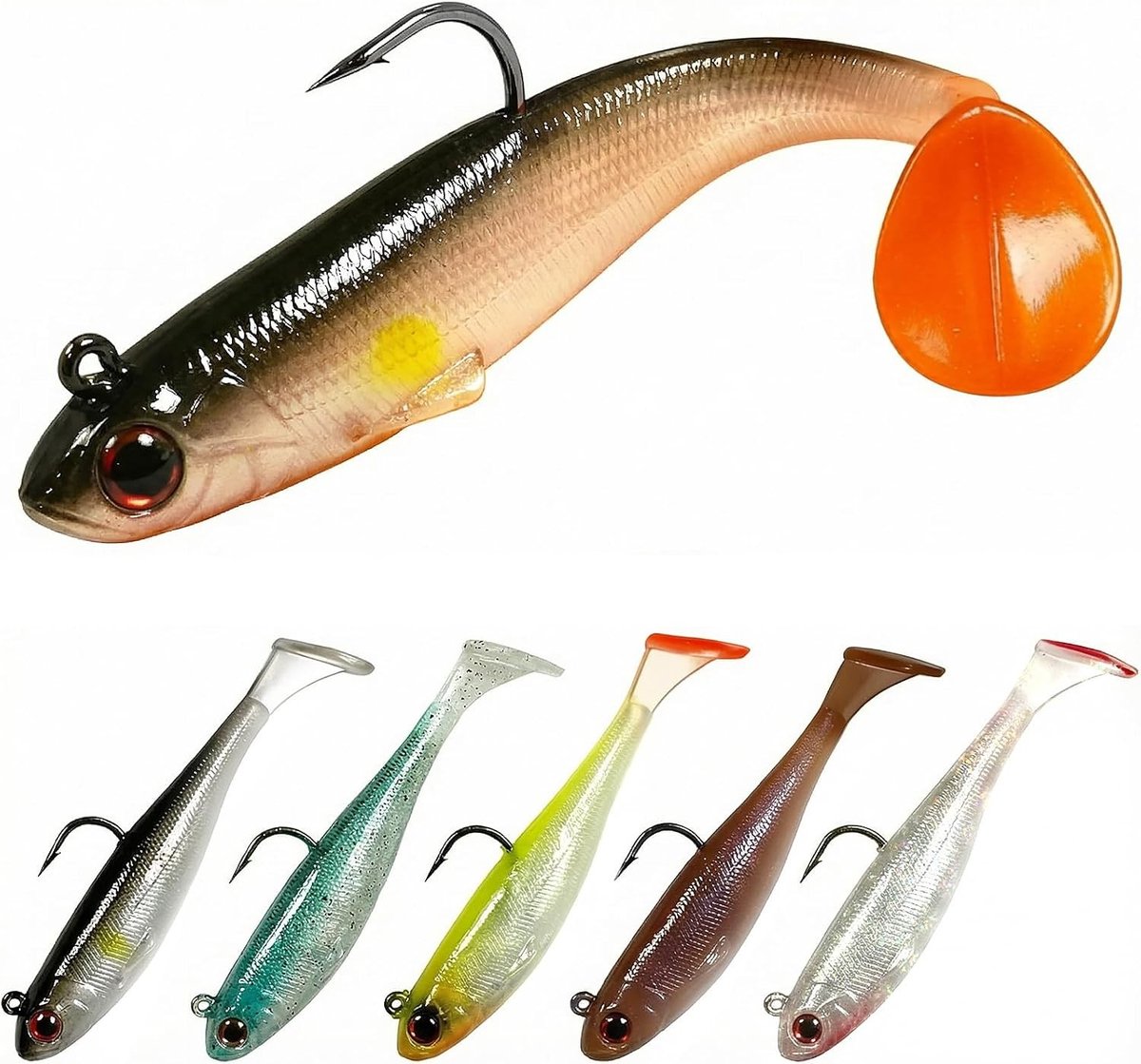 Set van 6 Vooraf Gemonteerde Zachte Plastic Aas, 9cm 12g Paddle Tail Swimbaits voor Zoet- en Zoutwater, Perfect voor Baars, Forel en Roodvis