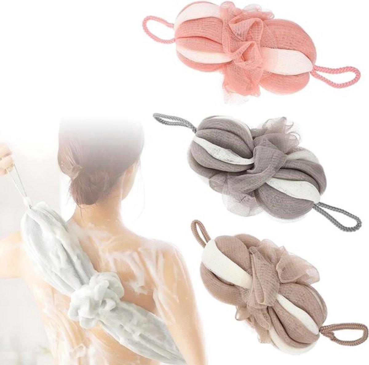 Drie Delige Bad Douche Loofah Spons Set, Lange Rekbare Rug Spons en Exfoliërende Rug Scrubber voor Volwassenen, Ideaal voor Douche en Badervaring