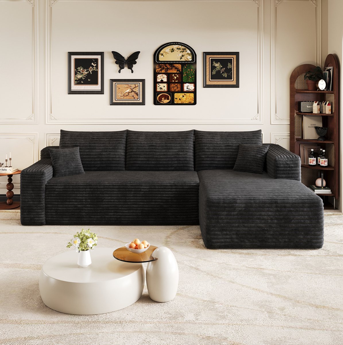 REDOM Hoekbank - 3-zits - L-vormige chaise longue - Zonder montage - Moderne minimalistische stijl - Woonkamer - Stof - Zwart - 241 x 151 x 58 cm