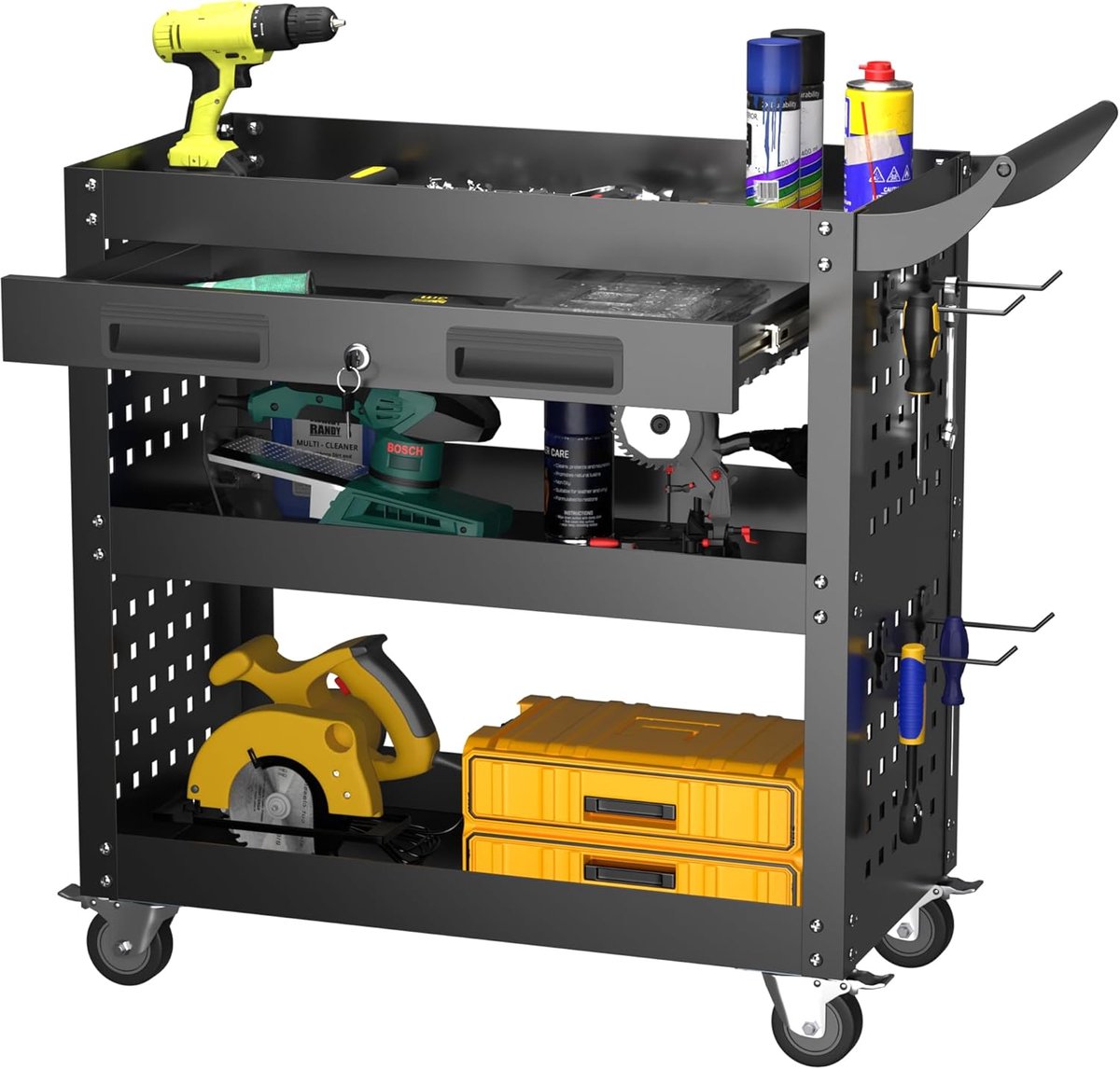 SnelShoppen - Multifunctionele Gereedschapswagen met 3 Lagen, Afsluitbare Lade, Pegboard en 4 Haken, Maximaal 200 kg, Ideaal voor Werkplaatsen en Maga