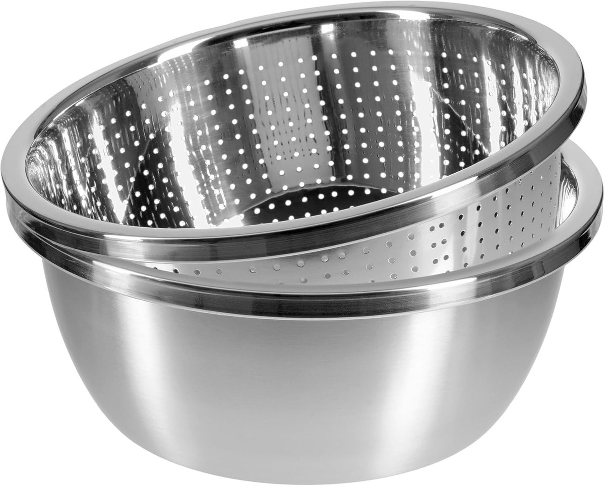 SnelShoppen - Strainer en Kom Set 22 cm - RVS Keukenzeef met Mengkom - Perfect voor Pasta, Salades, Fruit en Groenten - Afwasmachinebestendig (2-Delig