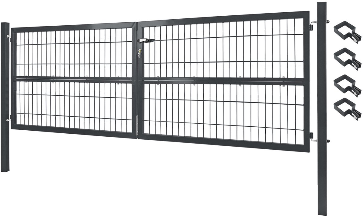 V2Aox Dubbele metalen tuinpoort voor dubbelstaafmathekwerk – 300 cm – Afsluitbaar, inclusief palen – Grijs