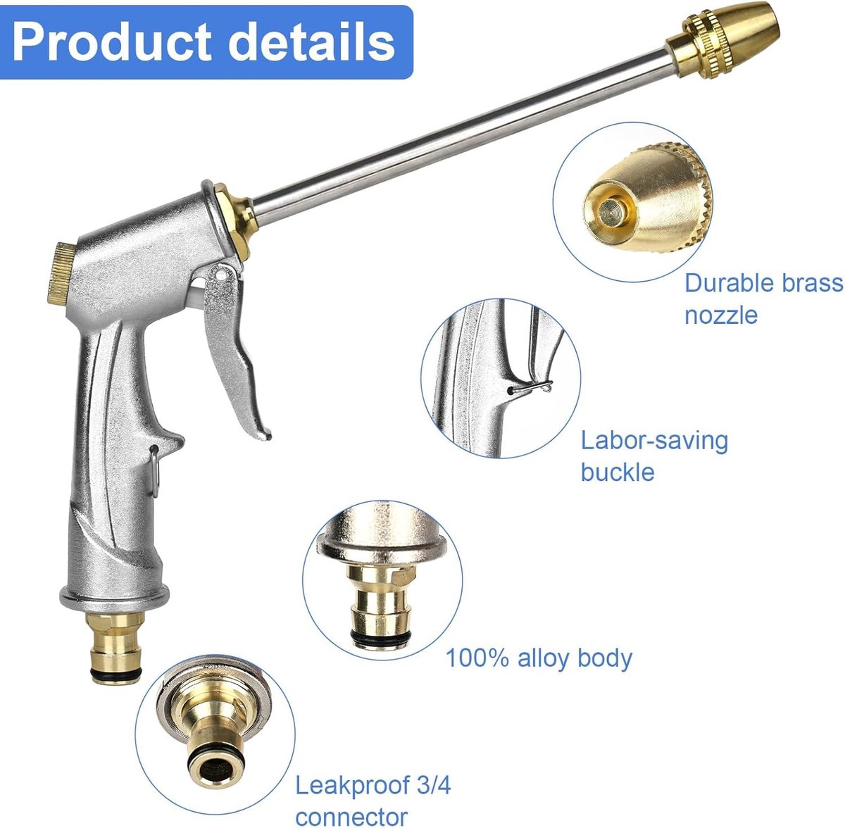 Handdouche voor Tuin, Metalen Tuinspuitpistool met 4 Instelbare Patronen, Hoge Druk voor Tuinirrigatie, Dierenverzorging en Auto Wassen