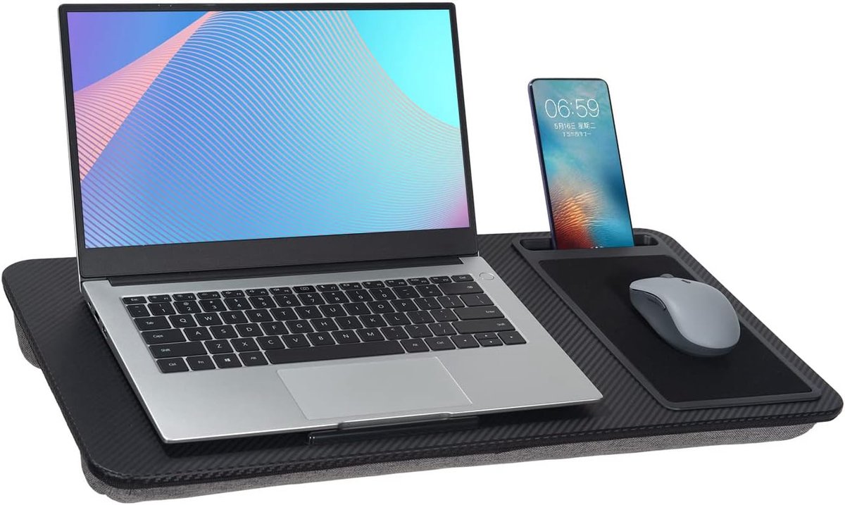 SnelShoppen - Groot zwart Lap Desk met kussen voor laptop tot 17 inch, draagbaar dienblad met muismat en sleuf - Perfect voor thuis en op kantoor