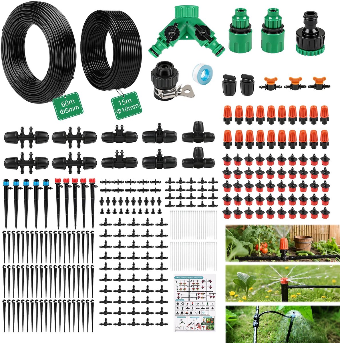 SnelShoppen - Complete Irrigatiesysteem Set 315 Stuks voor Tuin en Planten, 60 m + 15 m Druppelslang, Ondergrondse Gazonirrigatie, Druppelirrigatie vo