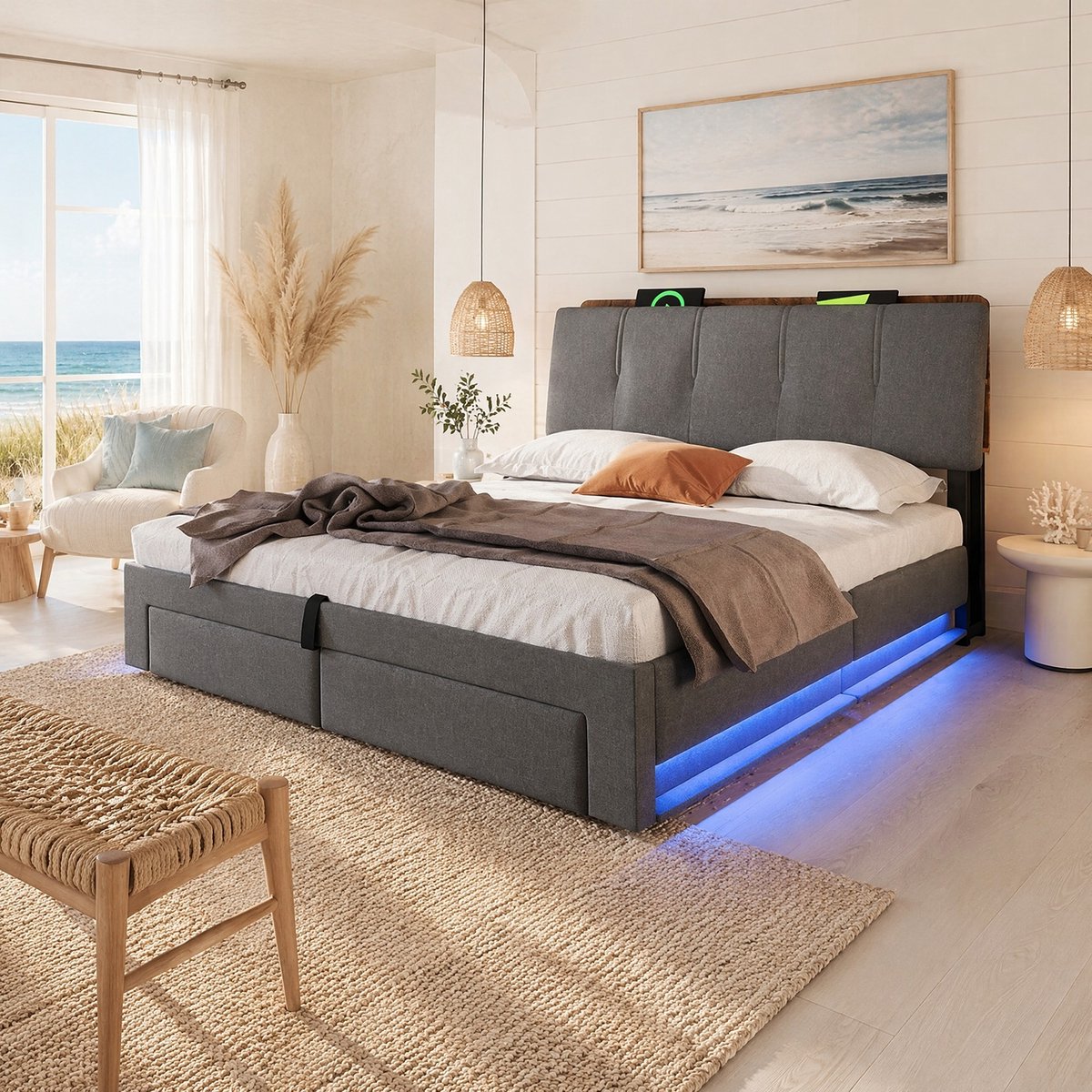 DESMIU Gestoffeerd Bed 140x200 cm – Hydraulische Opbergruimte – USB En Type C Laadfunctie Met LED-Verlichting – Laden – Tweepersoons Stof – Grijs – Zonder Matras