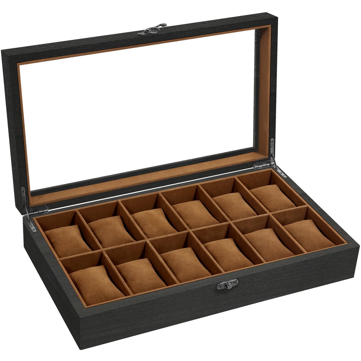 Uten Luxe Houten Horloge Doos - Horlogebox - Geschikt voor Heren en Dames - Horloge Opbergdoos - Glazen Deksel - 12 Vakken - Zwart en Bruin