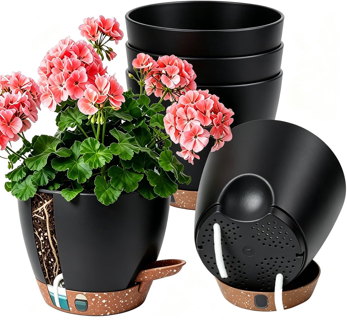 SnelShoppen - Anhow Bloempotten voor Zelfbewatering, 5 Stuks, Ø 20 x H 17,2 cm, Kunststof, Zwart, Decoratieve Bloempotten voor Keuken, Balkon en Tuinp