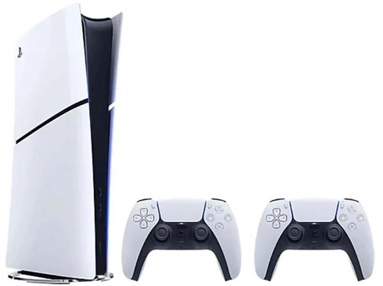 PlayStation 5 console met twee witte DualSense controllers