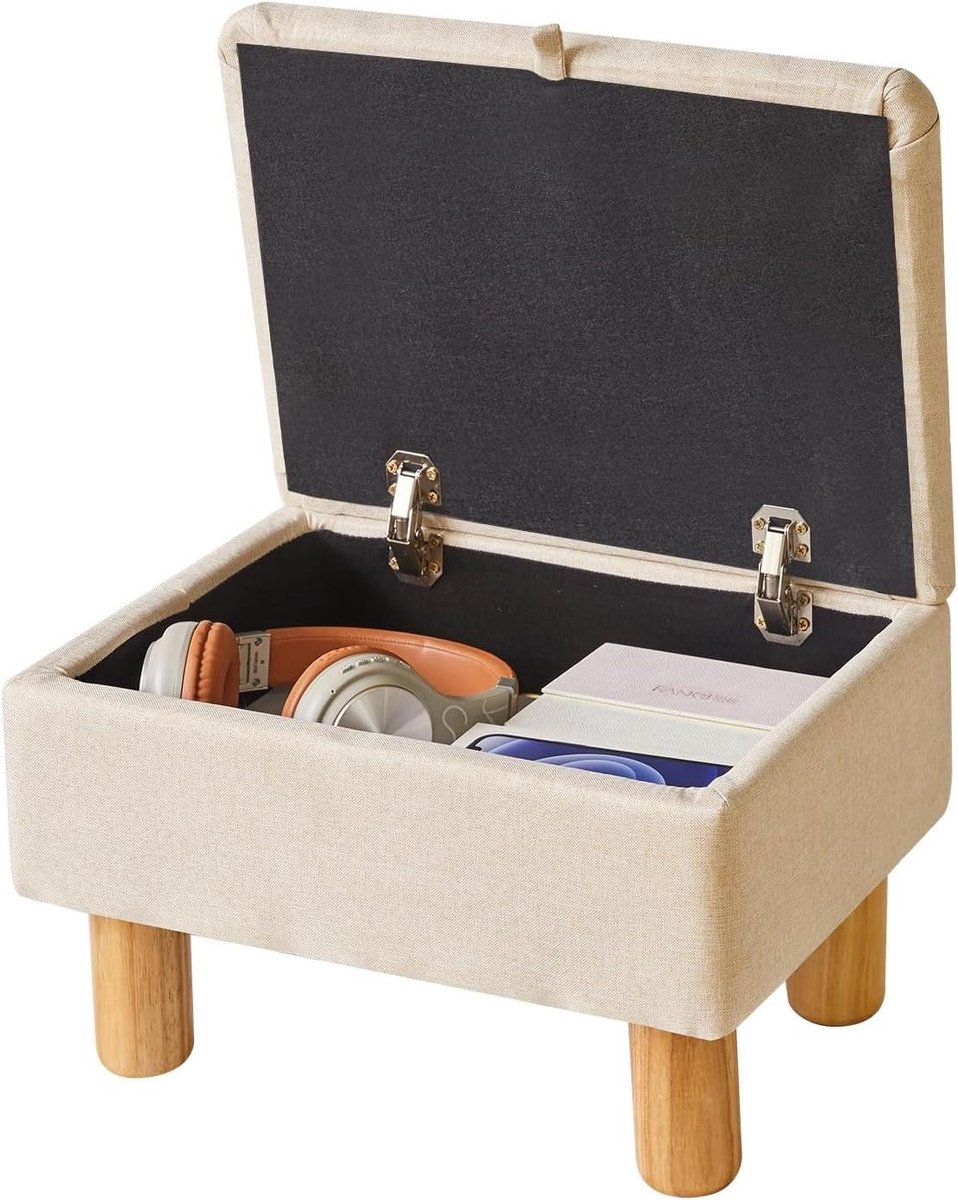 Voetkruk met opbergruimte - Kleine poef - Extra zitplaats - Massief houten poten - 40x30x24 cm - Beige