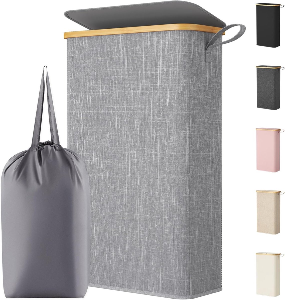 SnelShoppen - Lifewit Wasmand smal 70 liter met deksel, opvouwbare bamboe wasmand met waszak en draaggreep, lichtgrijs voor appartement, slaapzaal en