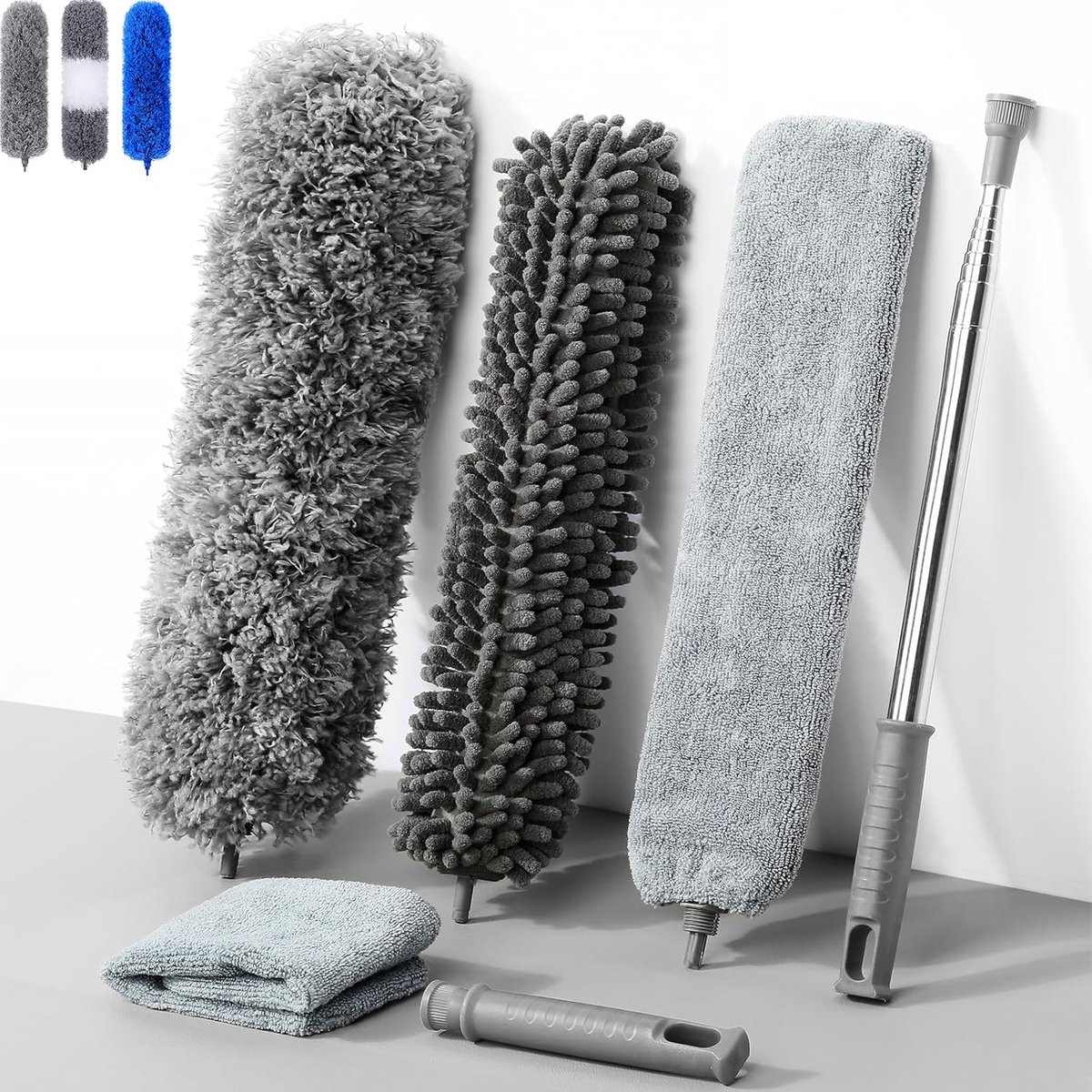 Duster, telescopic, washable, dust sweeper, telescopic rod and bendable corner broom, microfibre stainless steel with - ShopVlot