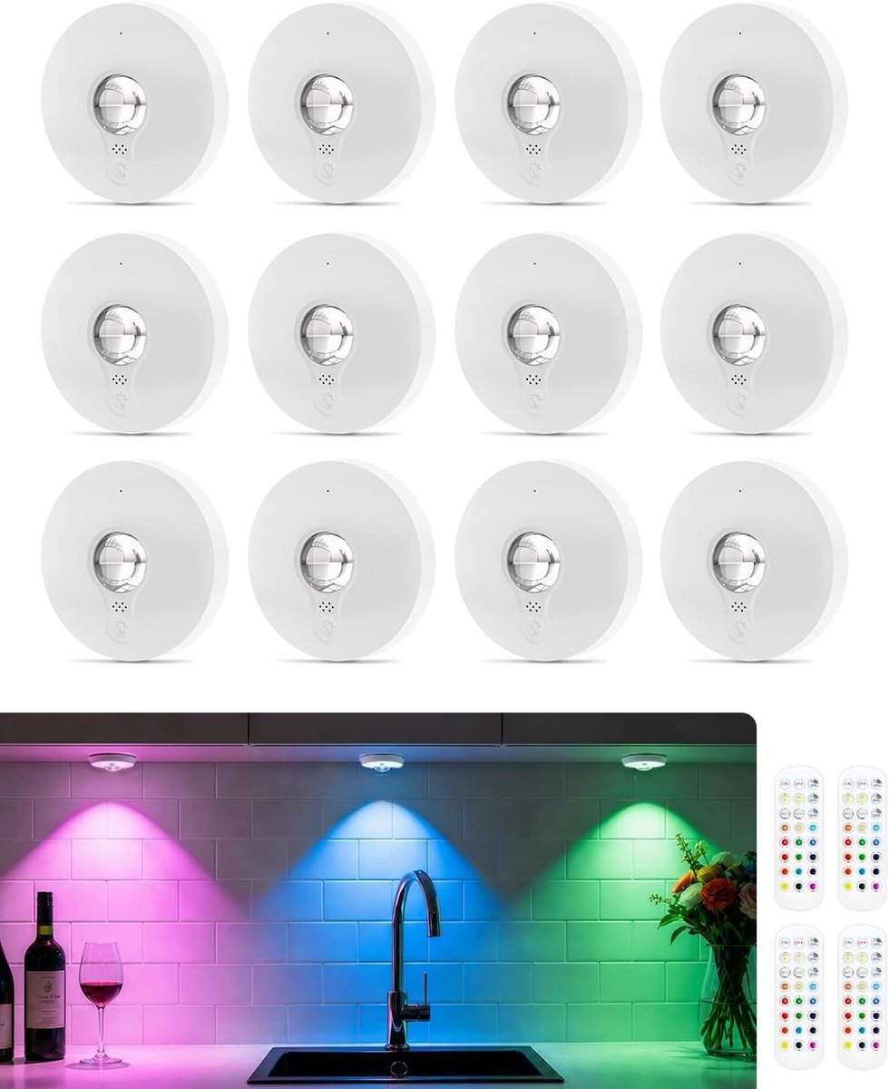 Draadloze Oplaadbare RGB LED Spots met Afstandsbediening, Kleurveranderende Onderbouwverlichting, Magnetische Dimbare Batterijverlichting voor Kasten en Displays met Timerfunctie