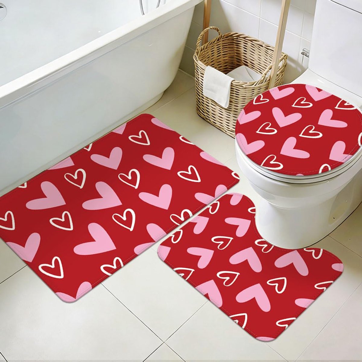 SnelShoppen - 3-delige badmatset hartvorm, wasbare antislip badmatten, zacht rood roze, ideaal voor badkamer, keuken, bijkeuken en hotel