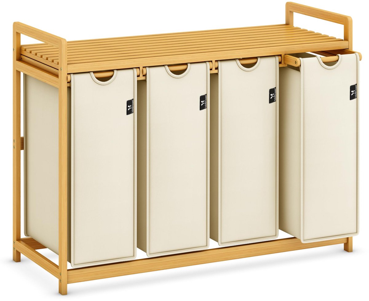 SnelShoppen - Wasmand 200L met Bamboeframe en 4 Vakken - Ruime Wasopbergoplossing voor Thuis, Camping en Kinderen - Milieuvriendelijk en Stijlvol