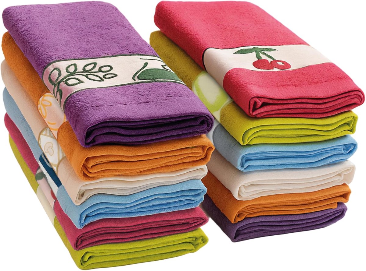 SnelShoppen - 12 Theedoeken 100% Katoen Badstof, Keukendoeken Set van 12, Superabsorberend, Kleurrijk, 50x50 cm, 500 g/m², Zacht en Sterk voor Keuken