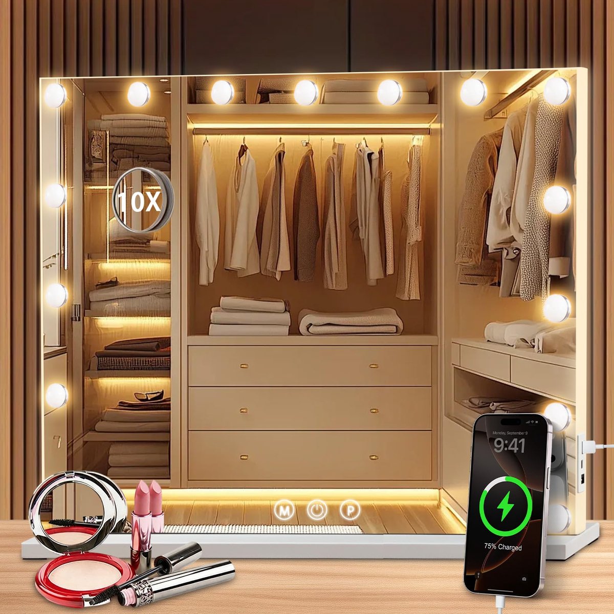 SnelShoppen - Make-upspiegel met Verlichting 58 x 46 cm, Cosmetica Spiegel met 15 LED's, Hollywood Spiegel met Touch-bediening, 3 Lichtkleuren, USB Aa