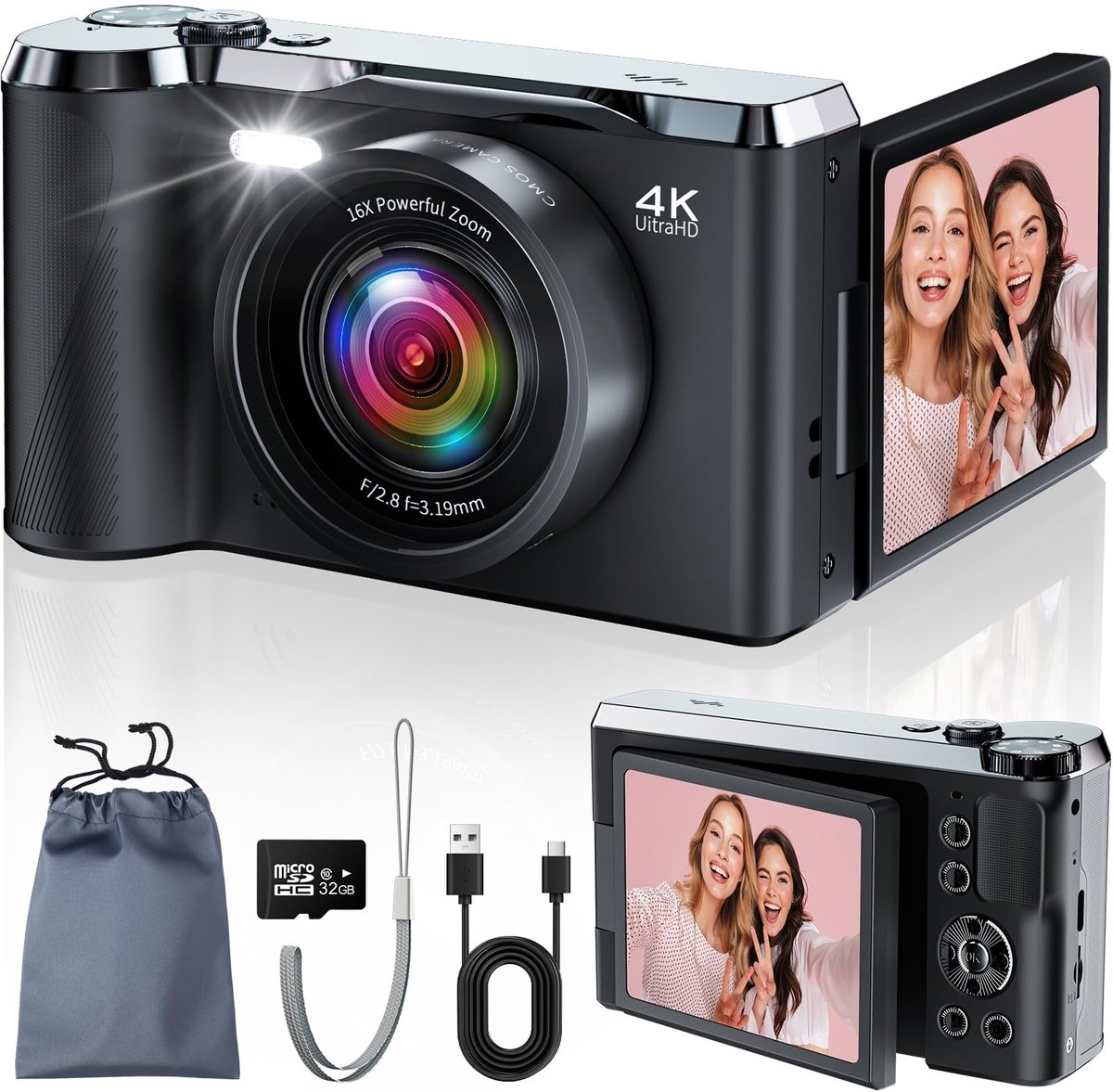 SnelShoppen - 4K Digitale Camera 56MP Vlogging Camera met 3 Inch Flip LCD-Scherm, Compacte Fotocamera met 16X Zoom en Autofocus, Inclusief 32 GB SD-Ka
