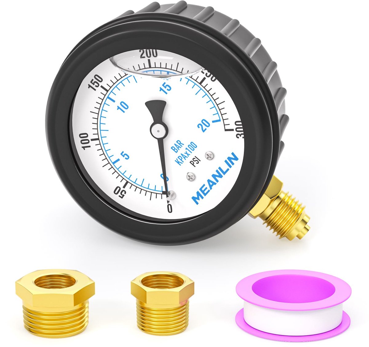 SnelShoppen - Vloeistofgevulde Manometer 0~20Bar/0~300Psi Roestvrij Staal 1/4" BSP 2.5" Face Dial met Rubberen Beschermhoes en Zeskantbus 1/2" & 3/8"