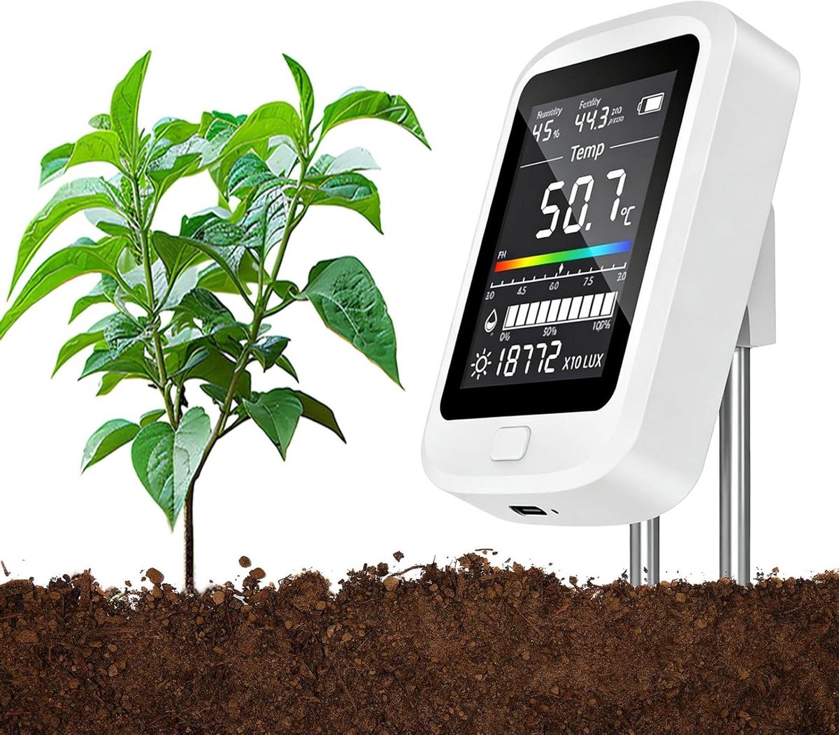 pH Meter Bodem - Bodemmeter Digitaal - Planten Verzorgen - Intelligente 6-in-1 Meting - 130 g - Wit