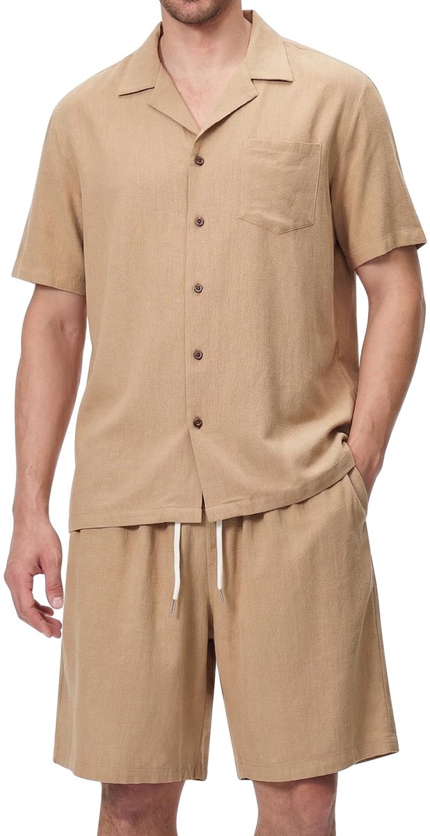 SnelShoppen - Heren Hemd en Shorts Set, Casual Zomer Outfit, Linnen 2-delige Set, Donkere Khaki, Maat L, Perfect voor Strand en Vrije Tijd