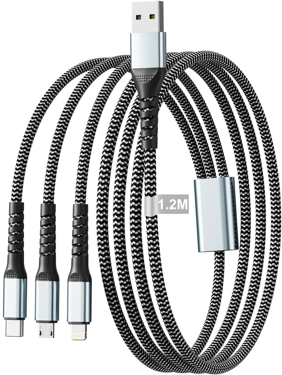 3-in-1 Oplaadkabel 1.2 m, Nylon Multi-Charging Kabel met Lightning, Micro-USB en USB-C, Geschikt voor iPhone, Samsung, Huawei en Android Apparaten