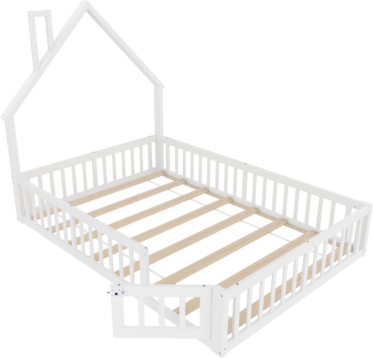Kinderbed 140x190 cm - Huisbed met schoorsteen - Massief grenenhout & MDF - Wit bed met veiligheidshekje en lattenbodem