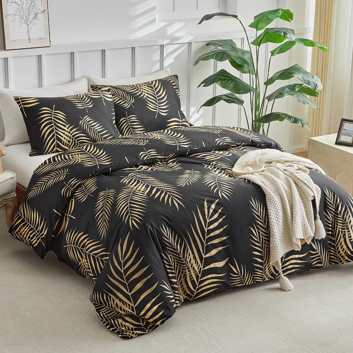 SnelShoppen - Dekbedovertrek 240x220 cm met 2 Kussenslopen 50x75 cm - Beddengoed Set met Gouden Takken & Bladeren Motief - 100% Microfiber Duurzaam De