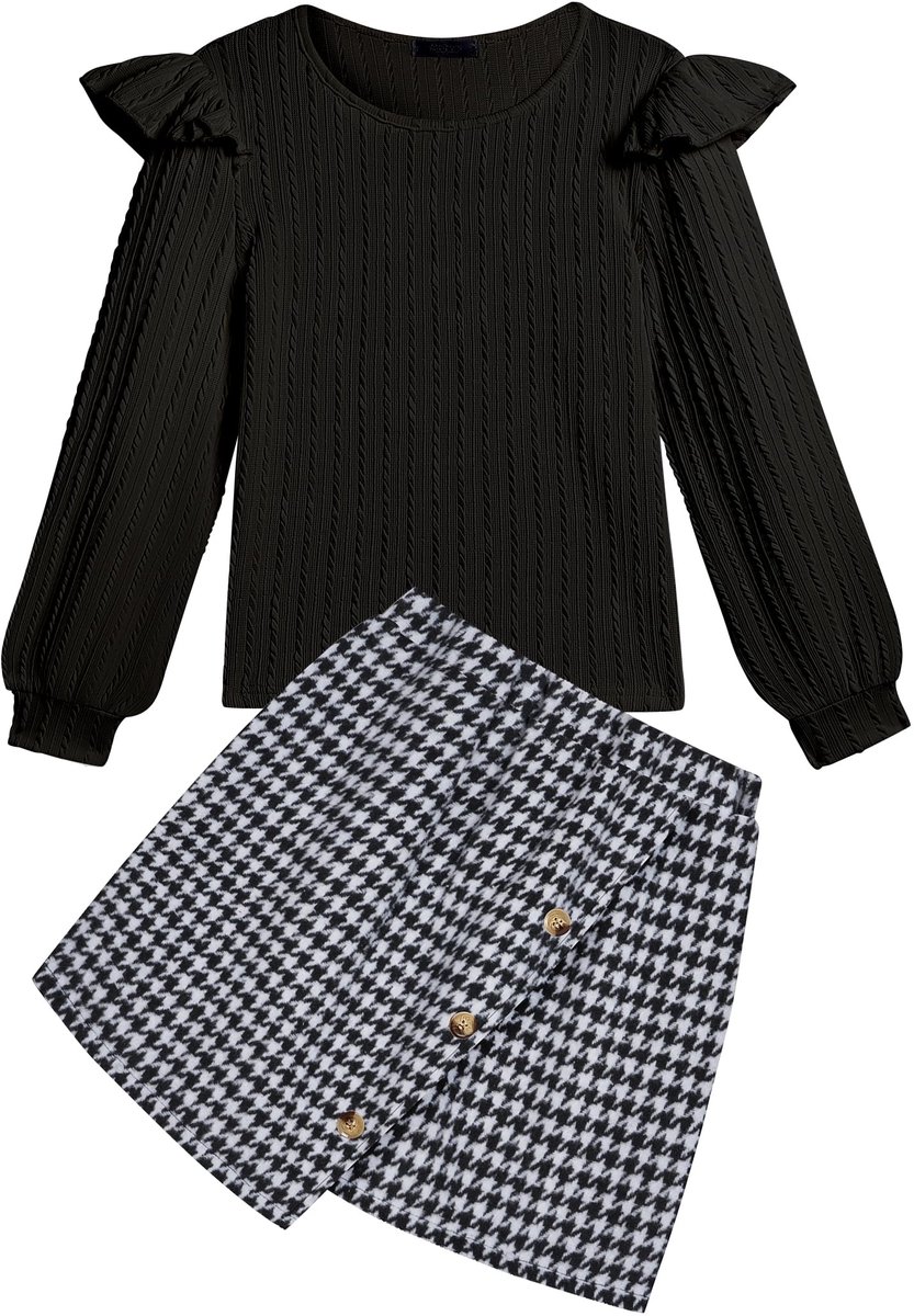 SnelShoppen - Meisjeskledingset voor kinderen, lange mouwen shirt met geruite rok, 2-delige set, herfst, winter, vrije tijd, elegante mode voor meisje