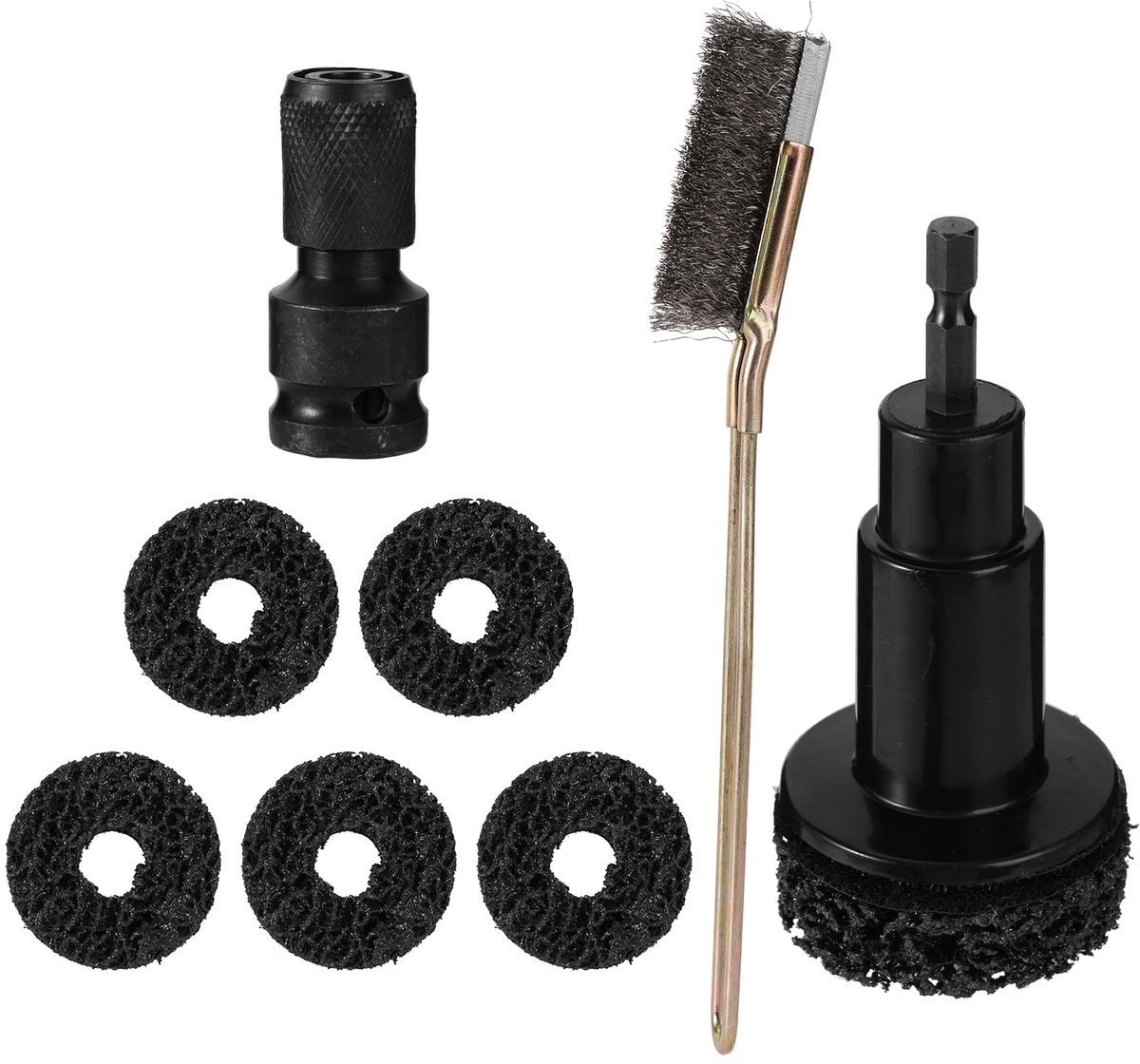 SnelShoppen - 8-delige Gereedschapset voor Reinigen van Wielnaven en -Bouten met Slijpkop Pads, Adapter, Reinigingsborstel en Opknapset voor 1/2" Slag