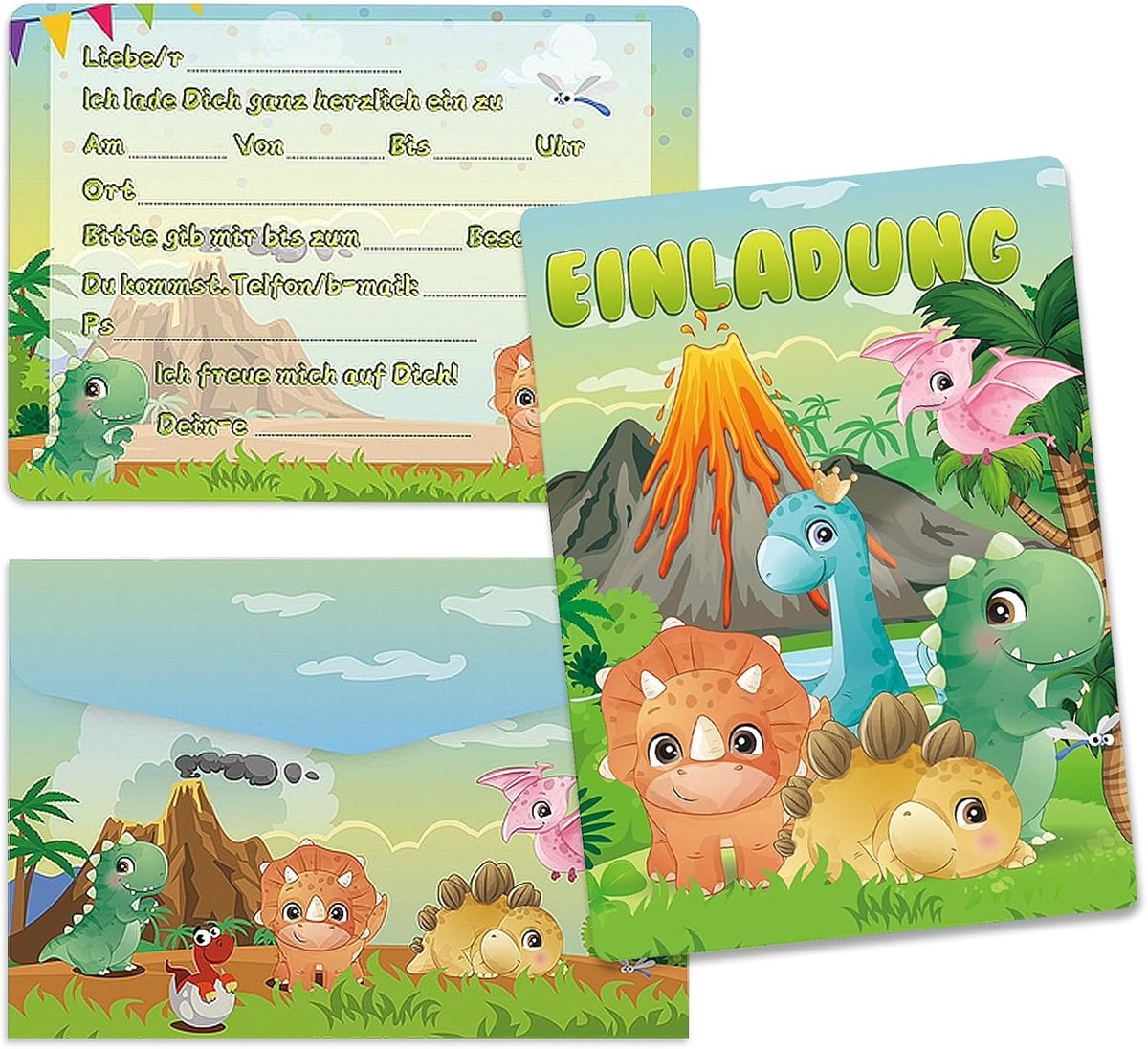SnelShoppen - Uitnodigingskaarten Kinderverjaardag - 12 x Dino Uitnodigingen - Verjaardag - Jongens en Meisjes - Dinosaurus Thema - T-Rex Ontwerp - Fe