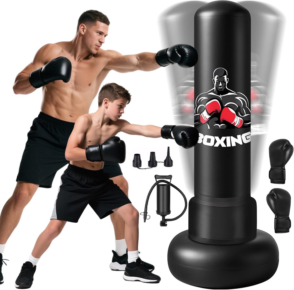 SnelShoppen - Bokszak voor volwassenen 180 cm, vrijstaand met handschoenen en luchtpomp, opblaasbaar voor karate, kickboksen, pvc, fitness, ideaal cad