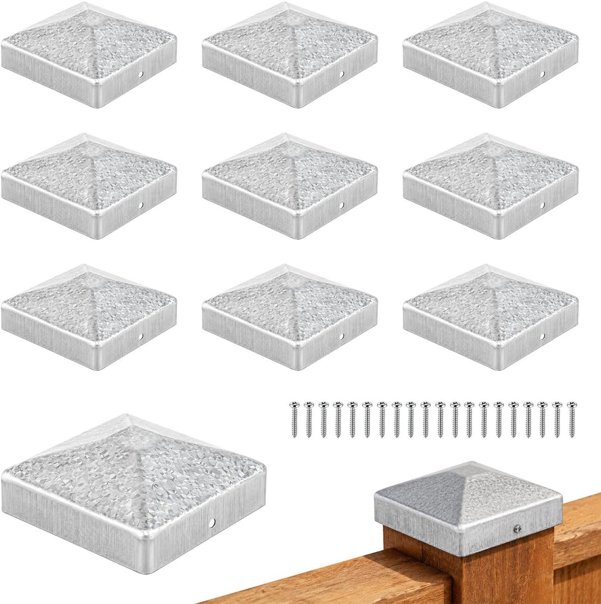 SnelShoppen - 10 stuks paaldoppen 9x9 cm, verzinkte hekpaaldoppen met 20 schroeven, afdekkappen voor houten palen en terraspalen, ideaal voor tuin en
