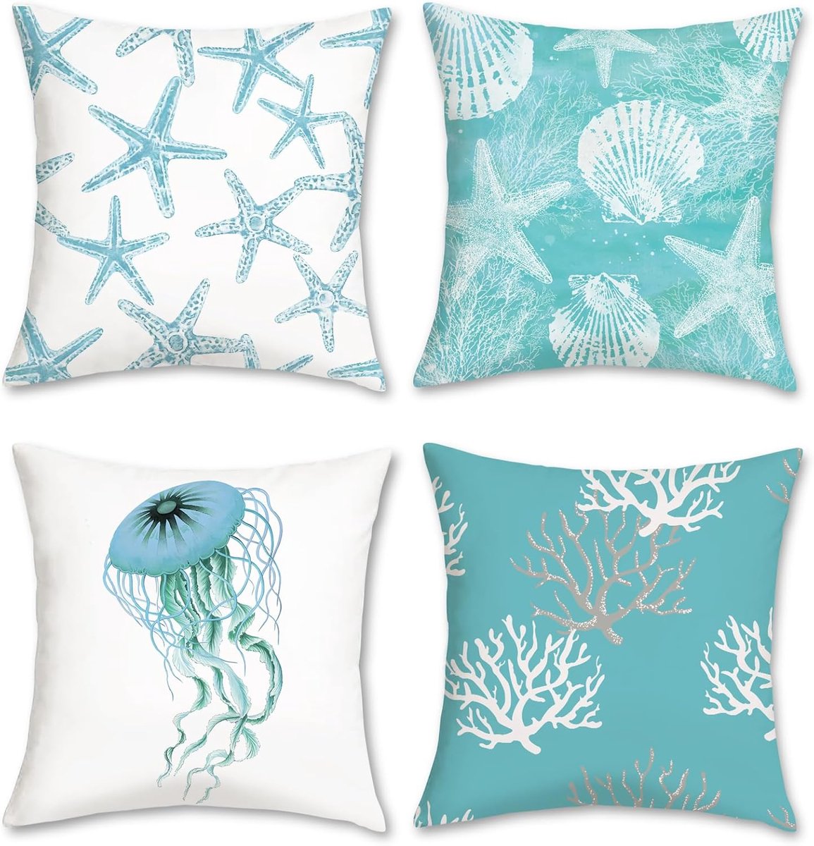 SnelShoppen - Set van 4 Decoratieve Kussenslopen 45 x 45 cm voor Strand en Zomer met Zeesters, Schelpen en Kwallen in Kustblauw voor Woonkamer, Auto e