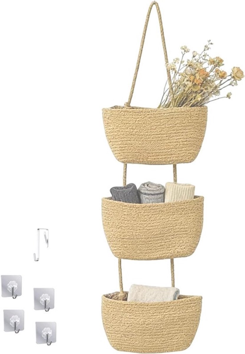 3-laags Hangmand van Katoenen Touw – Boho Muur- en Deurorganizer met Haken voor Badkamer, Slaapkamer en Kinderkamer, Ruimtebesparende Opbergoplossing, 105×31cm (Khaki)