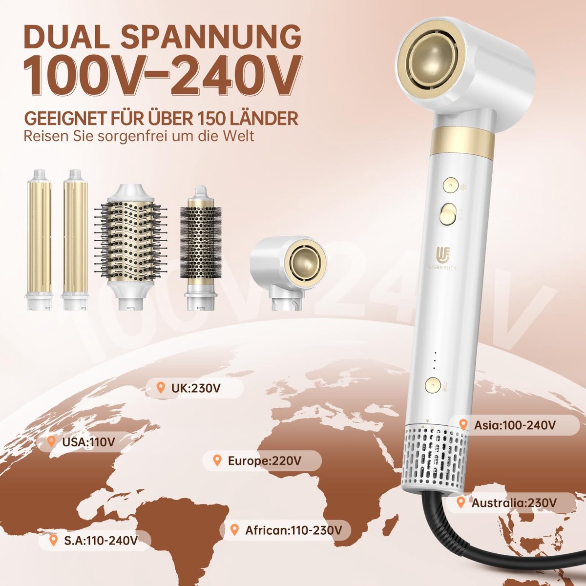 SnelShoppen - 6-in-1 haardroger met borstel, 1400W, 110.000 omw/min, dubbele spanning, snelle styling, wit, ideaal voor feesten en dagelijks gebruik