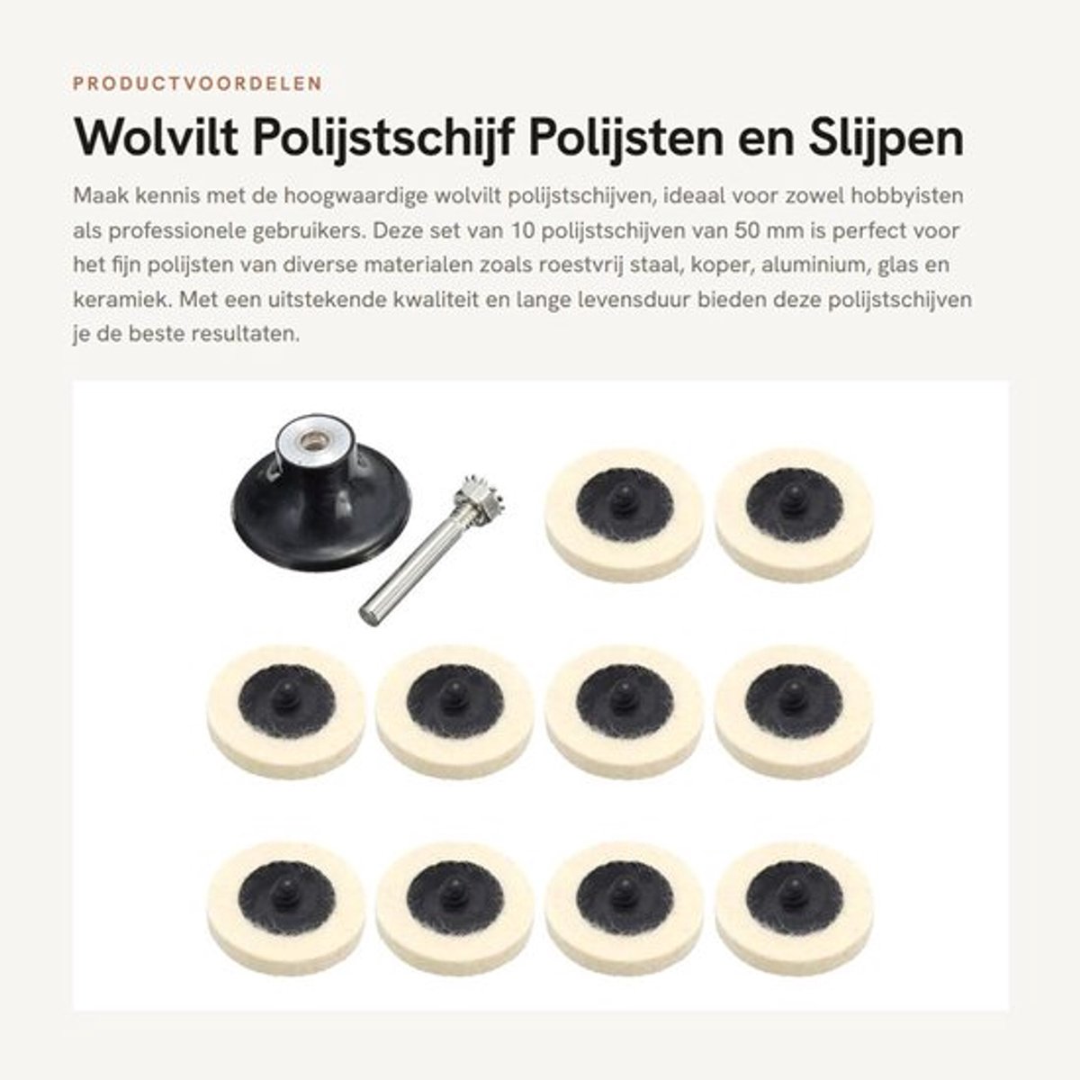 Polijstschijf 50 mm - Wolvilt - Polijstpad - Schijf padhouder - Fijn polijsten - Geschikt voor metalen en glas