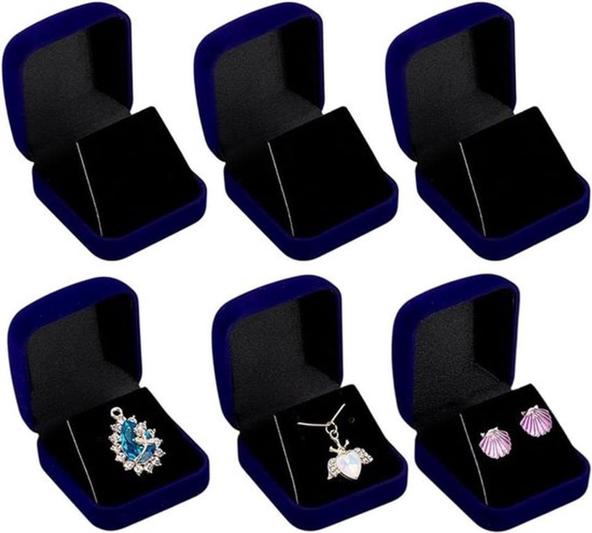 6-delige fluwelen sieradendozen set - blauw, juwelendoos voor oorbellen - opbergstandaard voor halskettingen - cadeaudoosjes - 5,85 x 5,25 x 3,55 cm