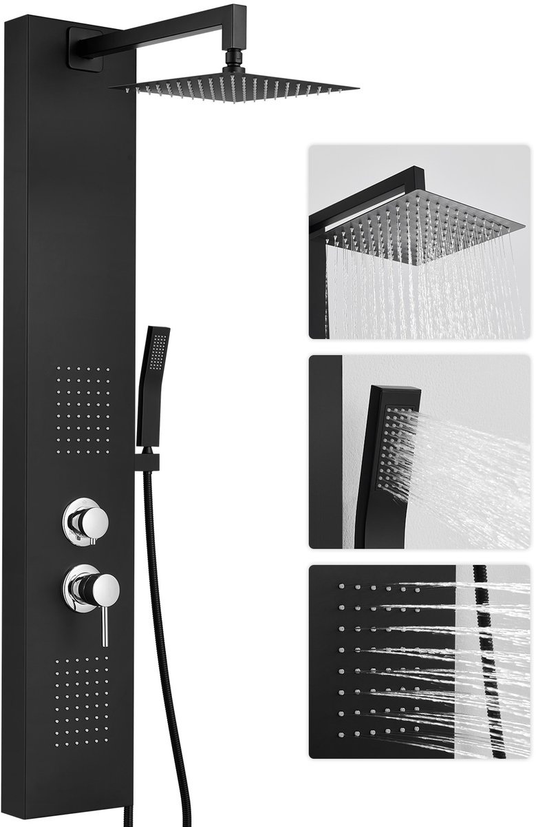Auralum Max Douchepaneel Zwart - Luxe Regendouche - Mengkraan - 3 in 1 Douchekolom - Geborsteld RVS - Spa jets Massage - Handdouche - Douche Combinatie Set - Waterbesparend