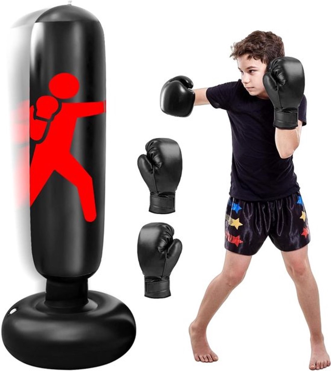 Kinderen Bokszak 160 cm met bokshandschoenen - Opblaasbare staande bokszak voor jongens en meisjes van 3 tot 12 jaar, ideaal voor karate, taekwondo en thuisgebruik