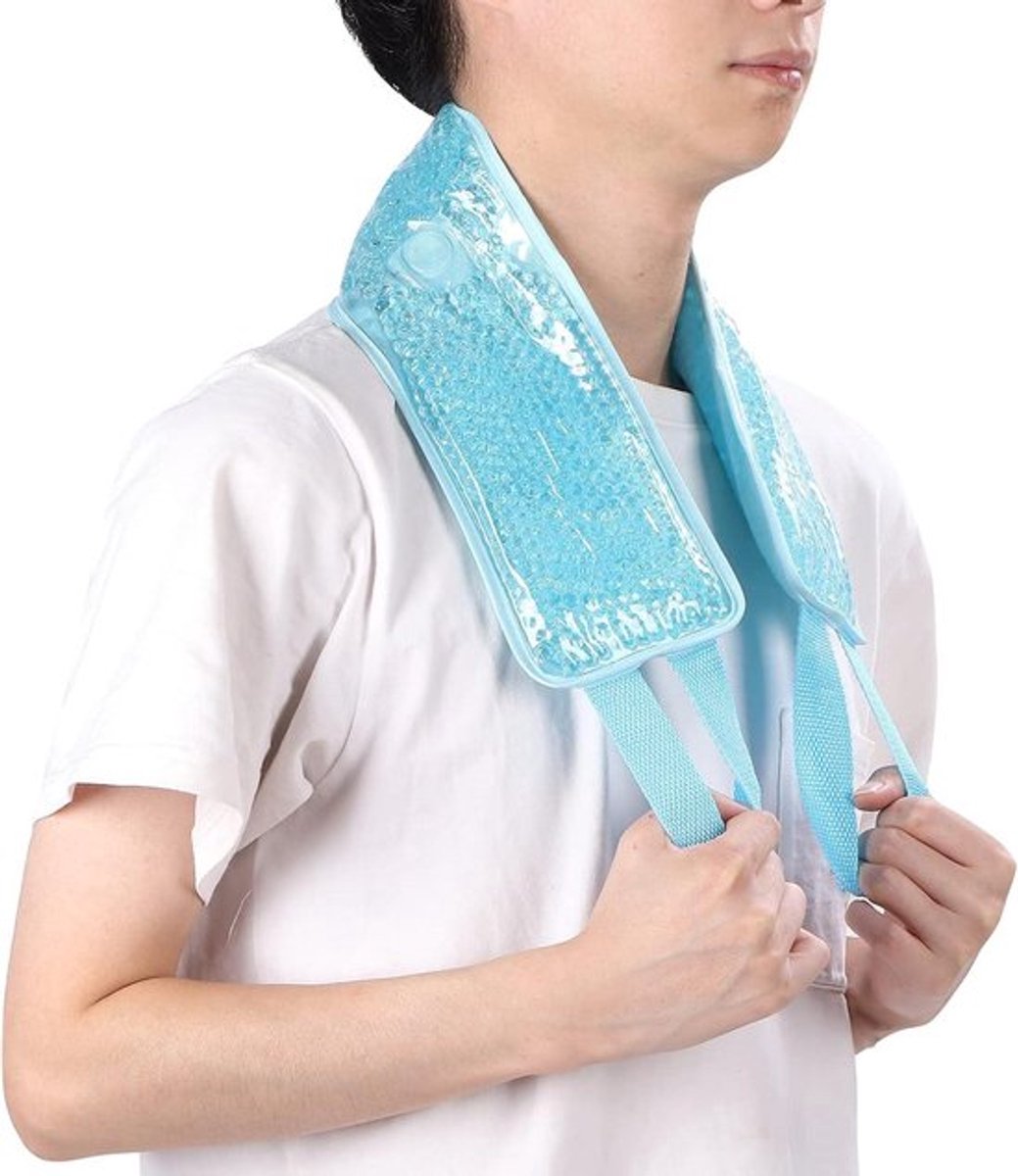 Nekkoelpads voor verlichting van nekpijn en spierpijn - koud warm kompres voor nekblessures - lang-vormige koud warmtekussen in hemel blauw.