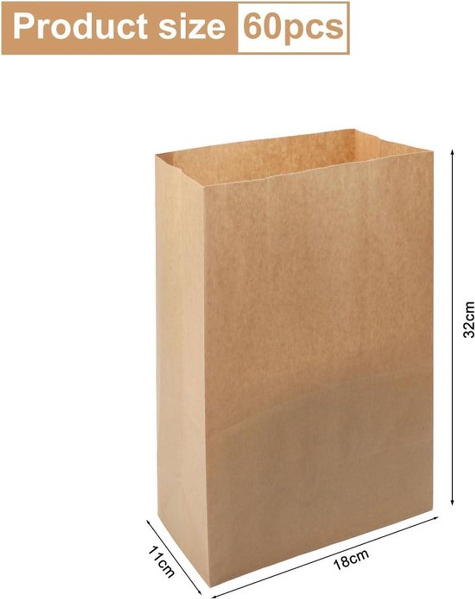 60 stuks bruine papieren zakken, 32 x 18 x 11 cm - Kraftpapier broodzakken voor cadeauzakjes