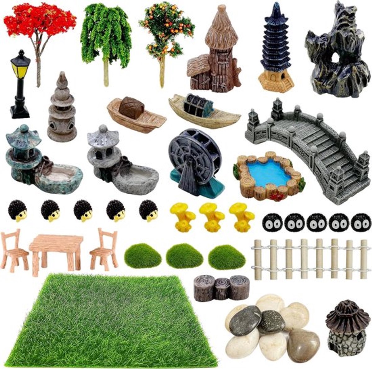 Mini Zen Tuin Decoratie met Miniatuuraccessoires, Miniatuur Bomen en Gras voor DIY Sprookjestuin