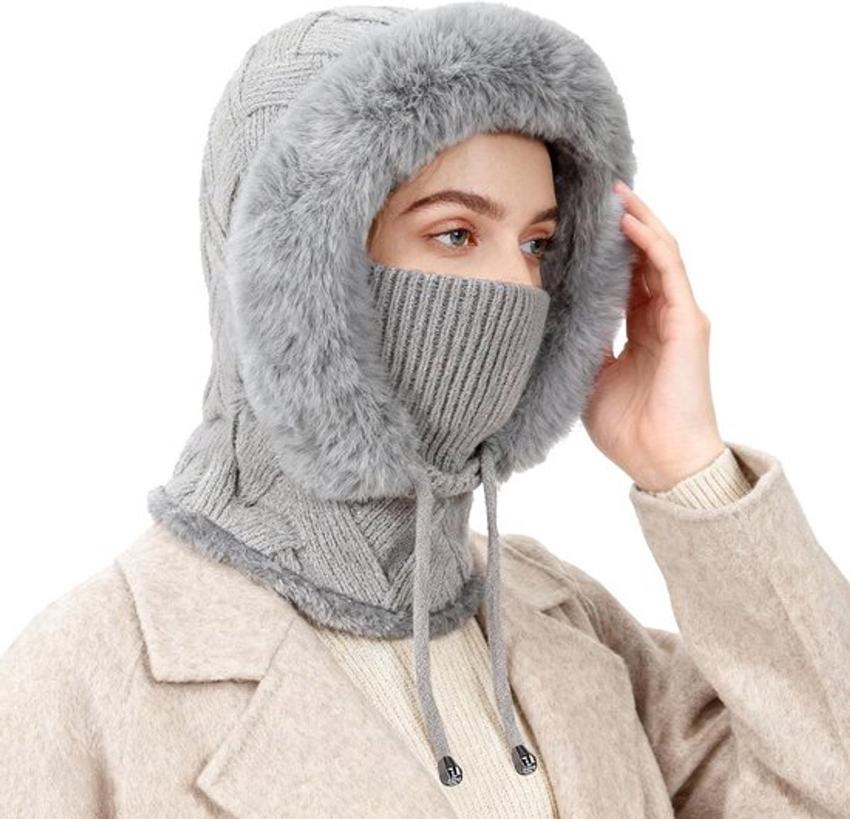 Warme Gebreide Wintermuts met Nekwarmer voor Dames, Winddichte Balaclava, Ski Masker en Fleece Hoofdband met Kap voor Koude Dagen, Comfortabele en Zachte Sjaal