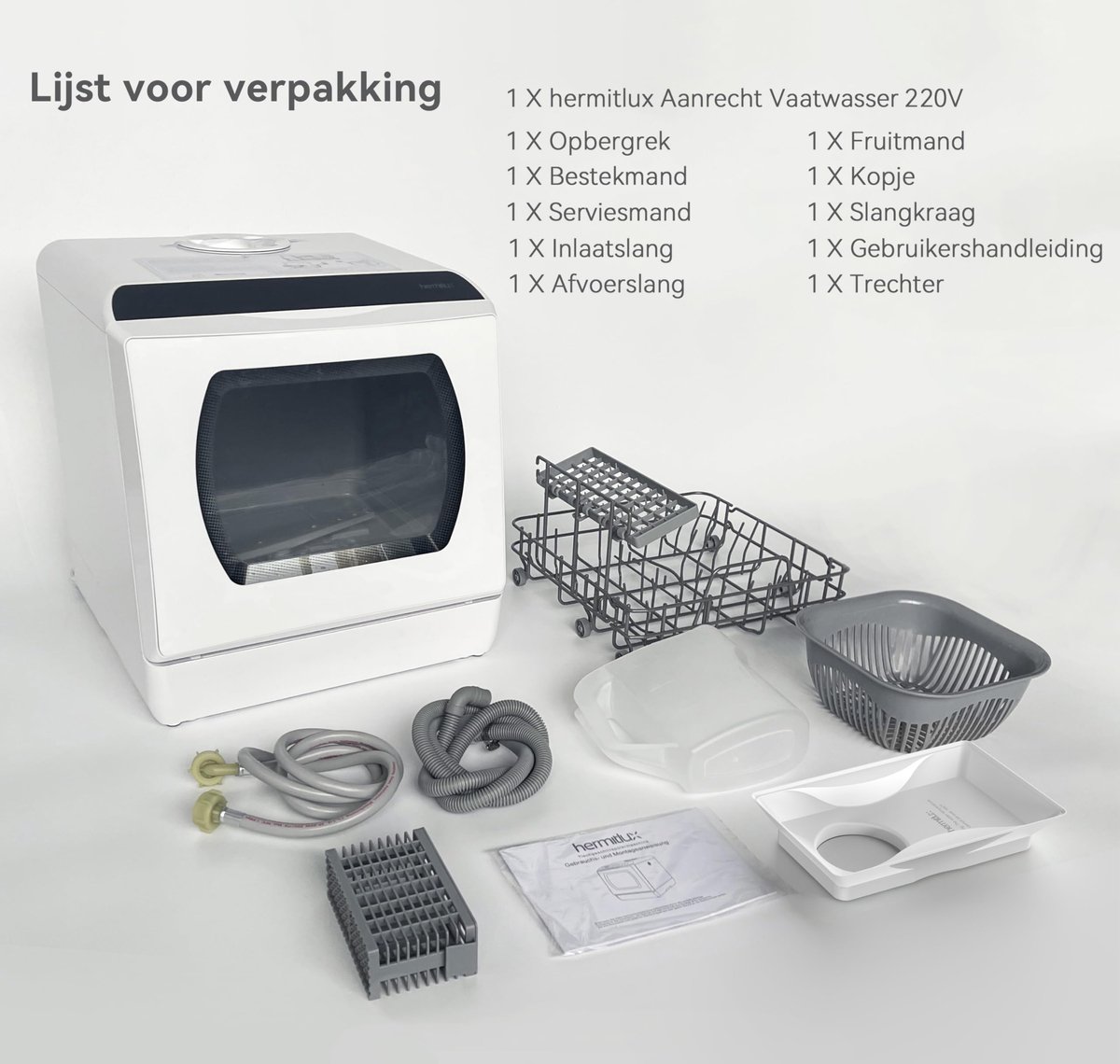 SnelShoppen - Hermitlux Mini-vaatwasser 6 Programma's, 5 Platen, Glazen Deur voor Keuken, Camping, Feesten, Compact en Energiezuinig