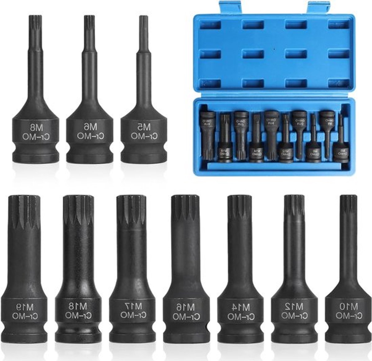 10-delige zeskantige steeksleutelset 1/2" met M5, M6, M8, M10, M12, M14, M16, M17, M18, M19 en XZN sleutels in handige opbergdoos, ideaal voor klussen en onderhoud