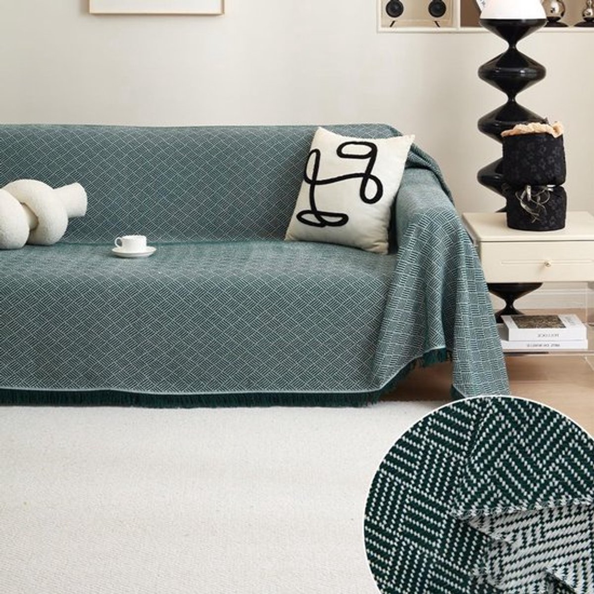 Verstelbare Sofa Bescherming met Franje en Kwastjes - Donkergroen 180x180cm, Geschikt voor Huisdieren en Meubels