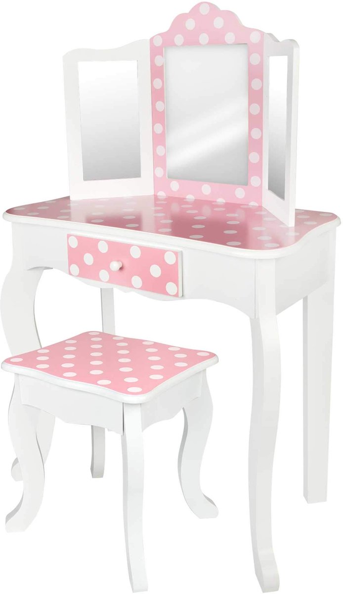 SnelShoppen - Make-uptafel voor Kinderen - Houten Schoonheidscentrum met Kruk en Spiegel - Educatief Speelgoed voor Meisjes van 3 Jaar - Roze met Lade
