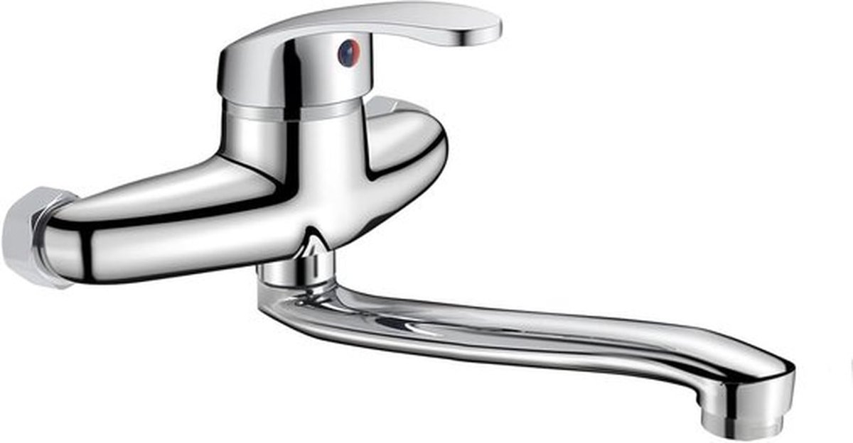 Muurbevestigde Waterkraan 25cm voor Keuken en Badkamer met 360° Draaifunctie, Koud en Warm Water, Enkele Hendel Mengkraan in Chroom Afwerking